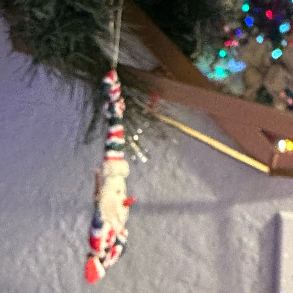 Vintage Blue and red stripes silly hat and scarf snowman face ornament - Picture 4 of 14